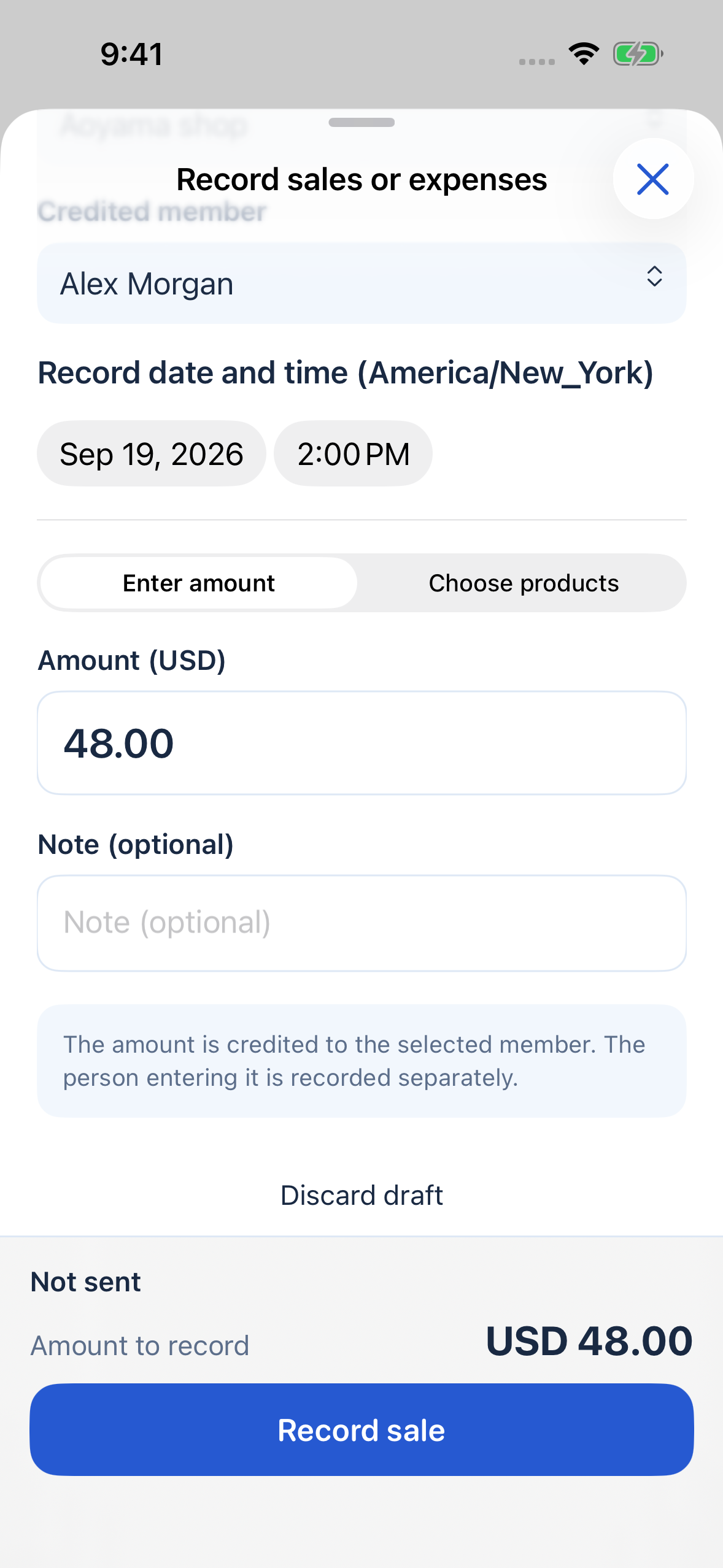 Sample app screen for entering the team member, date, amount and optional note for a sales record.