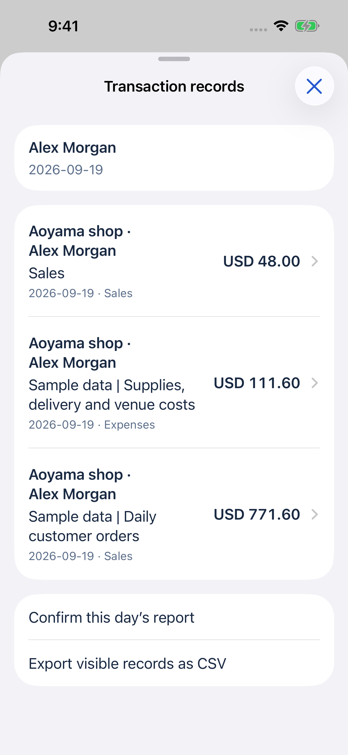 Sample app screen listing sales and expense records with the date, team member and amount.